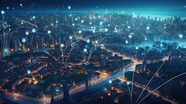 Ricerca della posizione sulla mappa e pin sopra il paesaggio urbano di tonalità blu e la connessione di rete AI generativa