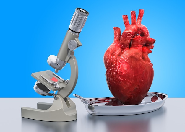 Ricerca e diagnostica del concetto di malattia cardiaca Microscopio da laboratorio con rendering 3D del cuore umano