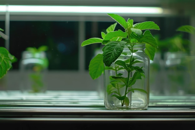 Ricerca vegetale pianta verde in un vaso di vetro in un laboratorio Allevamento ecologico e sviluppo delle piante