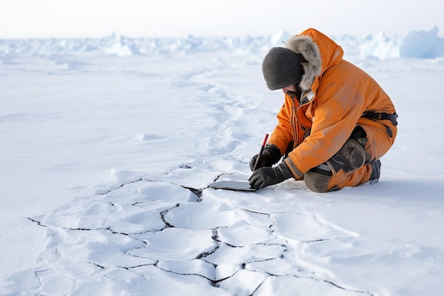 Ricercatore che esamina le crepe di ghiaccio nell'Artico per lo studio dei cambiamenti climatici