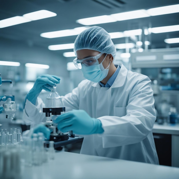 Ricercatore con una maschera protettiva che lavora in laboratorio