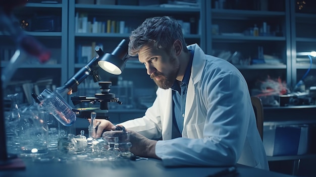Ricercatore scienziato che utilizza il microscopio in laboratorio