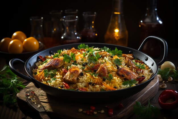 Ricetta araba di pesce piccante kabsa biryani con gamberi e gamberi