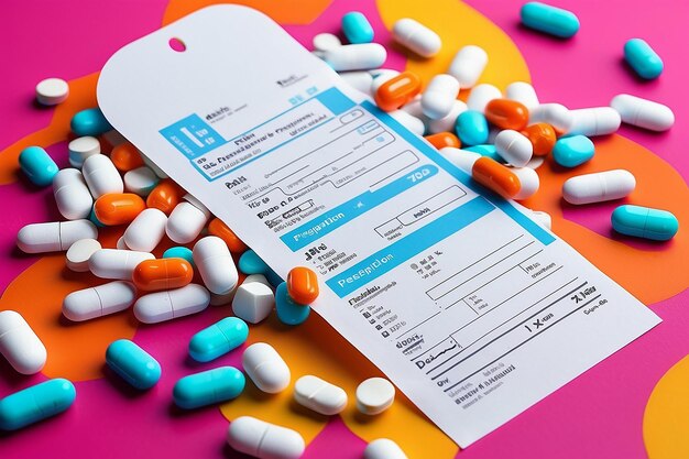 Ricetta di farmacista con pillole sullo sfondo colorato