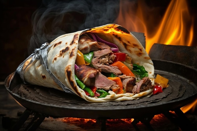 Ricetta shawarmakebab wrap di carne e verdure alla griglia con focaccia Cuocere il kebab wrap su una griglia AI generativa