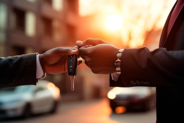 Ricevere le chiavi della nuova auto Con la mano in mano la chiave della macchina Con la mano con la chiave della auto