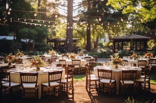 ricevimento di nozze in giardino con tavoli sedie e grandi cabine boho