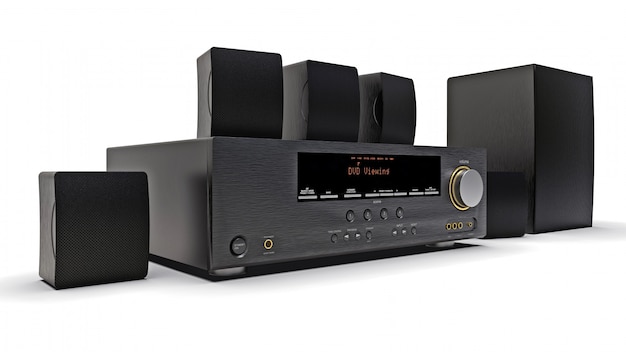 Ricevitore DVD nero e sistema home theater con altoparlanti e subwoofer