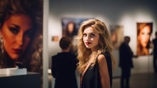 Ricevitrice in una galleria in piedi accanto a un'arte sbalorditiva elegante e colta