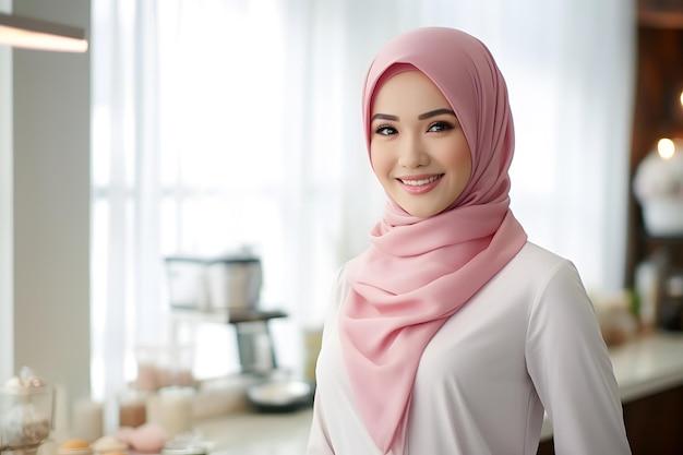 ricezione musulmana sorriso abito rosa hijab