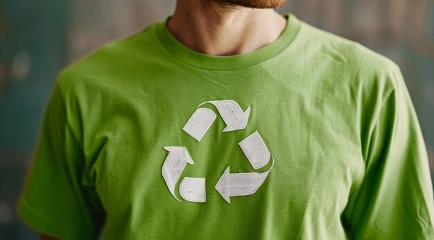 Riciclaggio ecologico e persona con maglietta per la consapevolezza ambientale e il concetto di sostenibilità