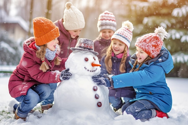 Ricordi invernali I bambini, sia maschi che femmine, si uniscono per creare un pupazzo di neve innevato. I legami familiari e la gioia dell'infanzia risplendono