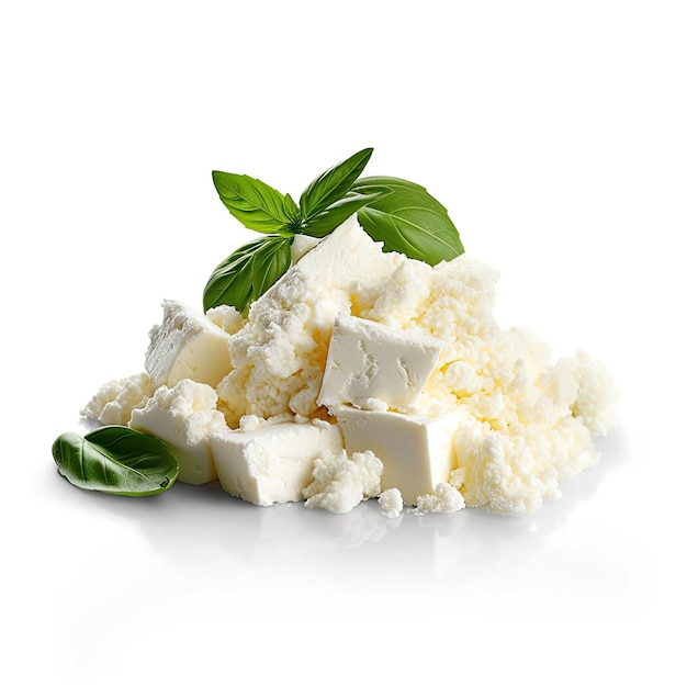 Ricotta con basilico su sfondo bianco