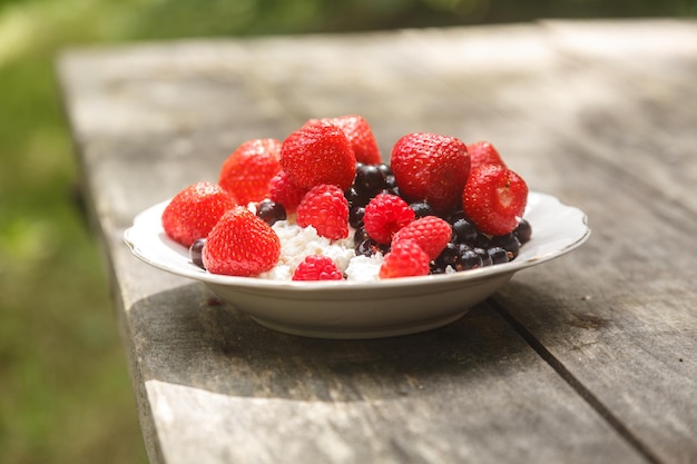 Ricotta con frutti di bosco estivi - fragola, lampone e ribes nero in un piatto bianco su uno sfondo di legno consumato. Pasto sano all'aria aperta