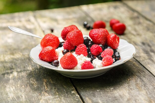 Ricotta con frutti di bosco estivi - fragola, lampone e ribes nero in un piatto bianco su uno sfondo di legno consumato. Pasto sano all'aria aperta