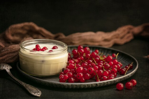 Ricotta di uva spina in una ciotola su un piatto su una superficie scura