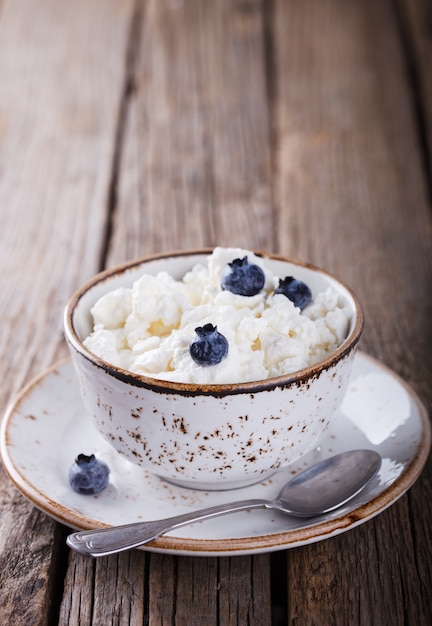 Ricotta fatta in casa in un piatto, con i mirtilli.