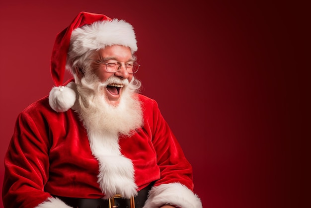 ridendo Babbo Natale in costume rosso Natale Sfondo rosso pulito