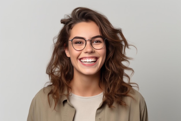 Ridendo bella giovane donna caucasica che indossa occhiali guardando la telecamera su sfondo grigio Ritratto di una ragazza felice con gli occhiali sorridente annuncio di un negozio di occhiali AI generativa