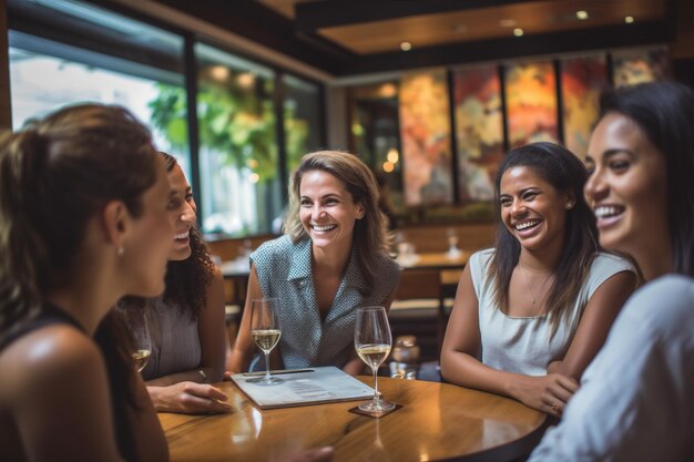 Ridere donna seduta felice sorridente chiacchierando caffè insieme gruppo ragazza amico IA generativa