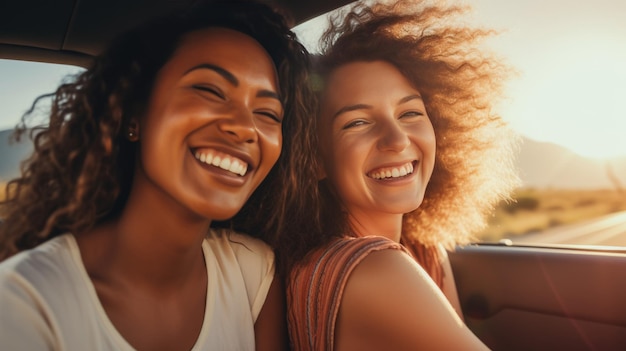 Ridere giovane donna alla guida di un'auto con la sua ragazza