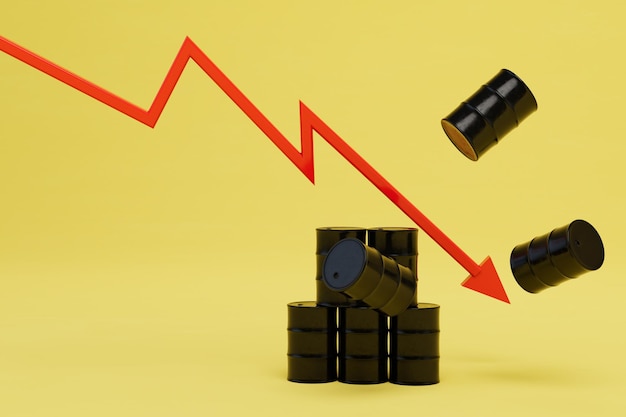 Riduzione del prezzo dei barili di carburante per motori di benzina e rendering 3D con grafica a freccia