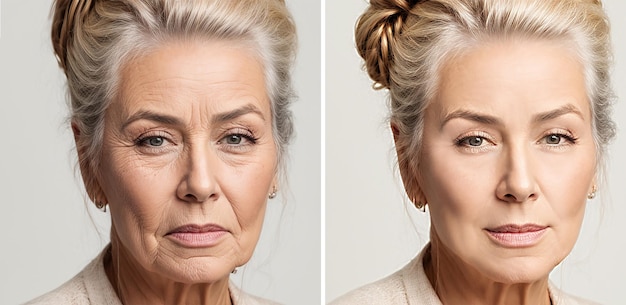 Riduzioni del viso della donna prima e dopo il trattamento