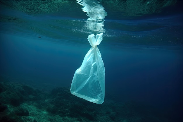 Rifiuti di plastica sott'acqua un sacchetto di plastica nel mare Concetto di inquinamento IA generativa