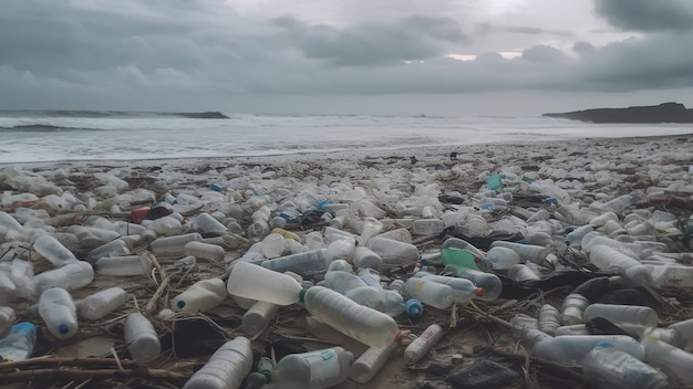 Rifiuti di plastica sulla riva del mare o dell'oceano Concetto di inquinamento globale IA generativa