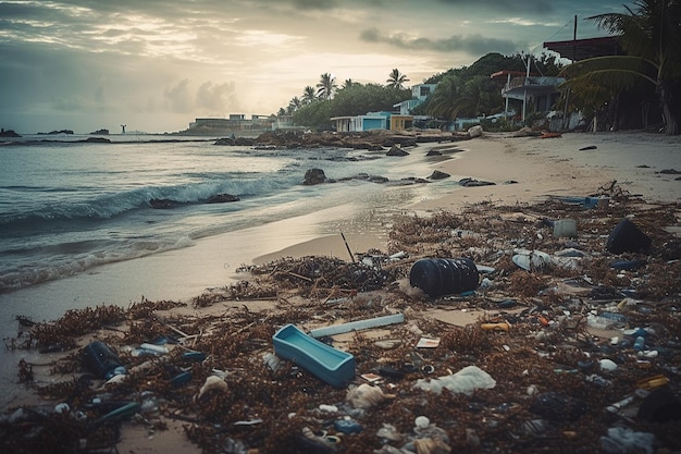 Rifiuti di plastica sulla sabbia gettati dal mare IA generativa