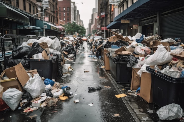 Rifiuti e immondizia che traboccano dai bidoni della spazzatura nella città frenetica