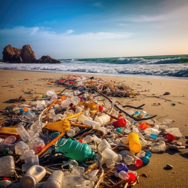 Rifiuti muti vicino al mare Inquinamento plastico della Terra generativa Ai