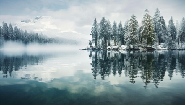 riflazione dei pini nel lago Eibsee in inverno