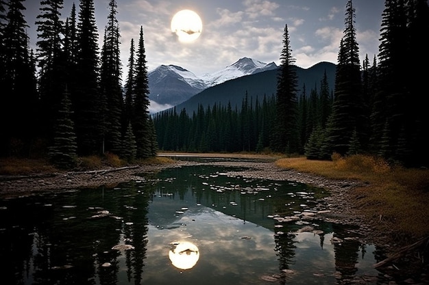 Riflessi della luna piena su un lago di montagna o su un tarn