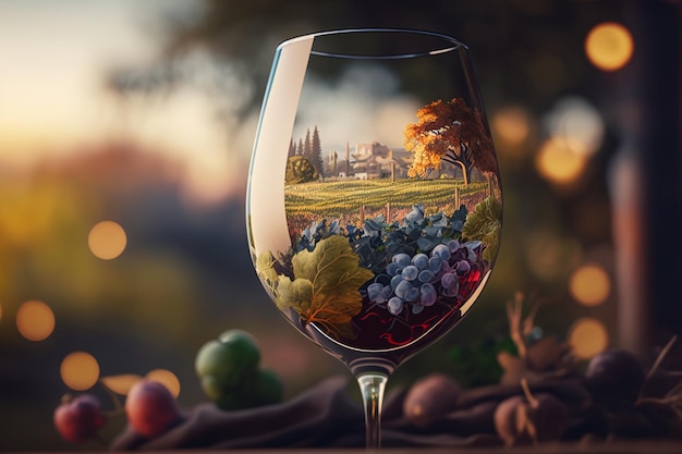 Riflessi di bicchiere di vino Un fotomontaggio di vigneti Uva e vino