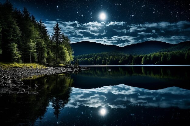 Riflessi di luna serena notte sul lago