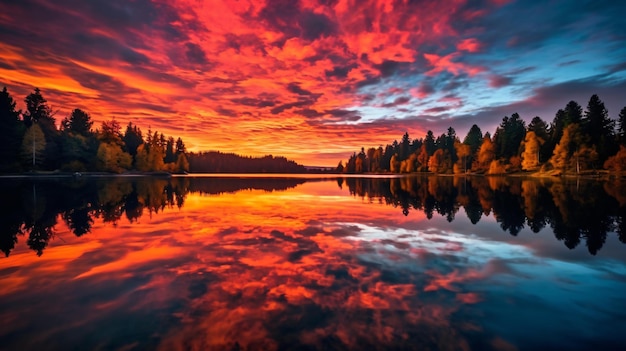 Riflessi infuocati Uno splendido cielo Arafed sopra un lago sereno Generativeai