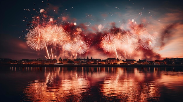 Riflessione dei fuochi d'artificio sulle barche d'acqua Porto sfondo Illustrazioni in HD