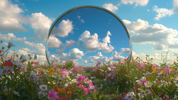 Riflessione del cielo in uno specchio su un campo di fiori primaverili rendering 3D