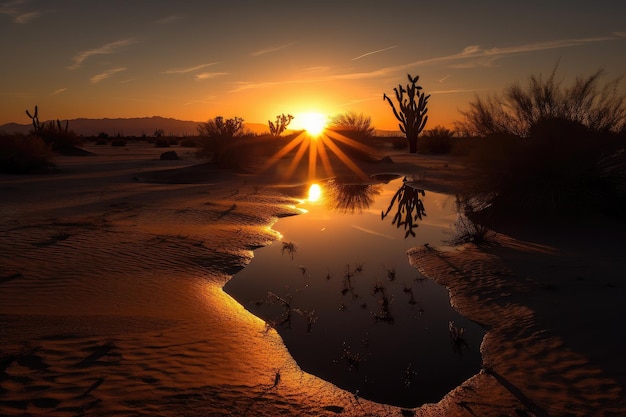 Riflessione dell'alba sulle dune del deserto con sagome di cactus sullo sfondo