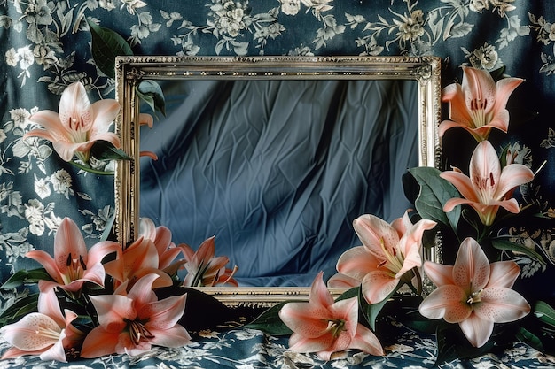 Riflessione della natura natura morta con specchio e fiori