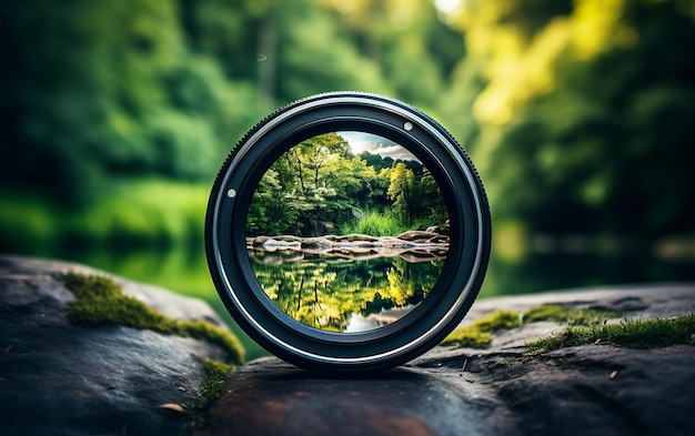 Riflessione della natura nell'obiettivo della fotocamera