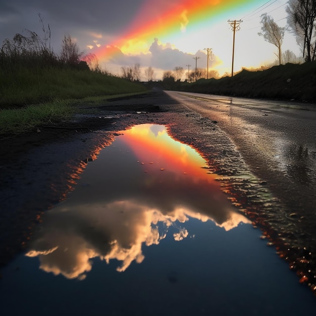 Riflessione di un arcobaleno e nuvole in una pozzanghera sulla strada dopo la pioggia bellissimo paesaggio