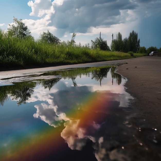 Riflessione di un arcobaleno e nuvole in una pozzanghera sulla strada dopo la pioggia bellissimo paesaggio