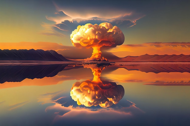 Riflessione di un'esplosione nucleare nel lago Generative Ai