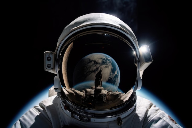 Riflessione nel casco Astronauta in tuta spaziale Bella immagine illustrativa IA generativa