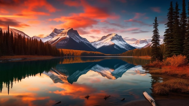 Riflessioni del cielo rosso Montagne maestose e lago al tramonto IA generativa