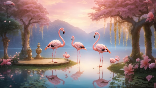 Riflessioni incantate Flamingos maestosi in un rifugio da favola