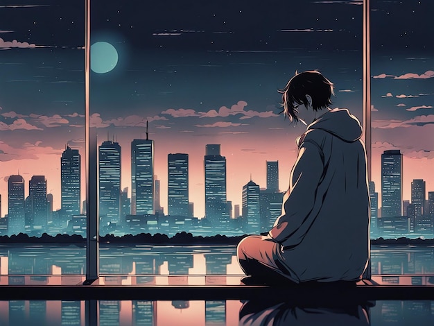 Riflessioni notturne lofi carta da parati manga di una scena triste ma bella con paesaggio cittadino