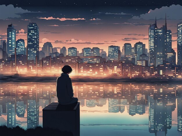 Riflessioni notturne lofi carta da parati manga di una scena triste ma bella con paesaggio cittadino